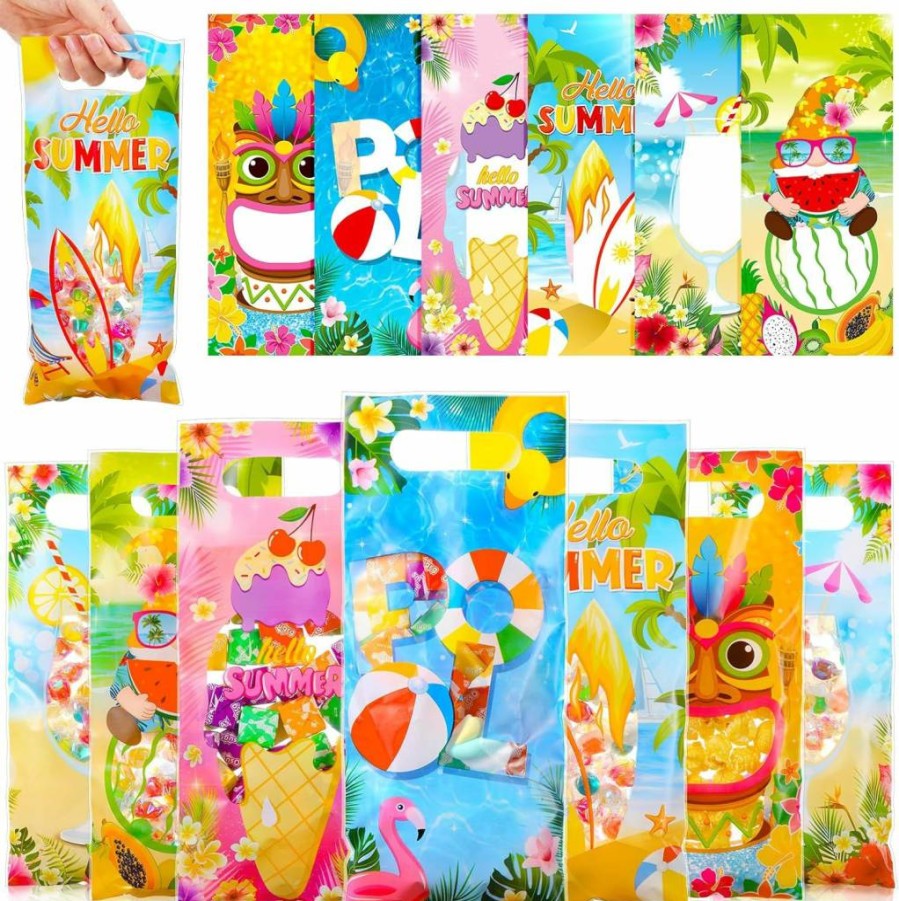 Pasimy 60 Pcs Tropical Party Favor Bags with Handle - Hawaiian Luau, Beach Pool Party Supplies, Bulk Candy Treat Bags for Summer Aloha Birthday, 6 Designs