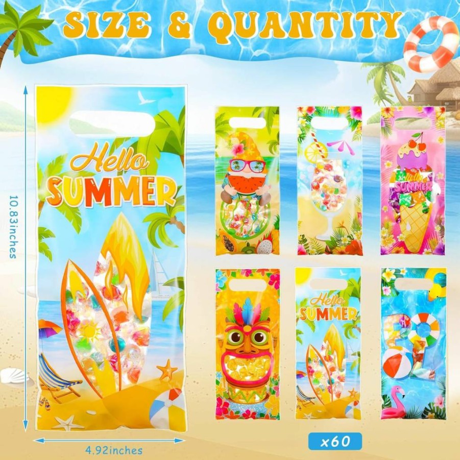 Pasimy 60 Pcs Tropical Party Favor Bags with Handle - Hawaiian Luau, Beach Pool Party Supplies, Bulk Candy Treat Bags for Summer Aloha Birthday, 6 Designs