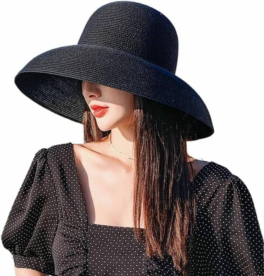 FAYTECH Women's Vintage Bell-Shaped Straw Sun Hat - Wide Brim UV Protection Beach Hat for Summer Travel, Vacation & Outdoor (Black)