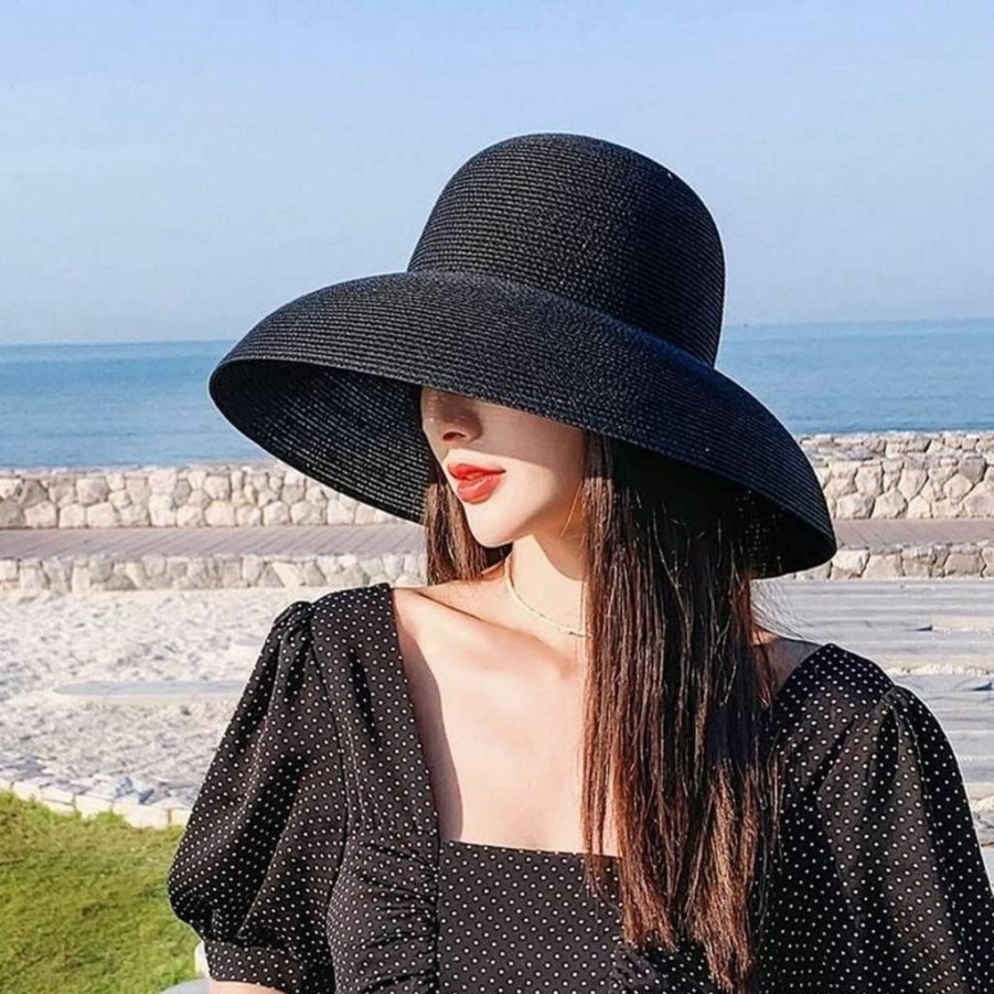 FAYTECH Women's Vintage Bell-Shaped Straw Sun Hat - Wide Brim UV Protection Beach Hat for Summer Travel, Vacation & Outdoor (Black)