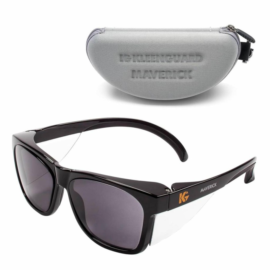 KLEENGUARD V30 Maverick Safety Glasses - Anti-Fog Smoke Lenses, Black Frame with Carrying Case, Unisex Protective Eyewear for Men & Women