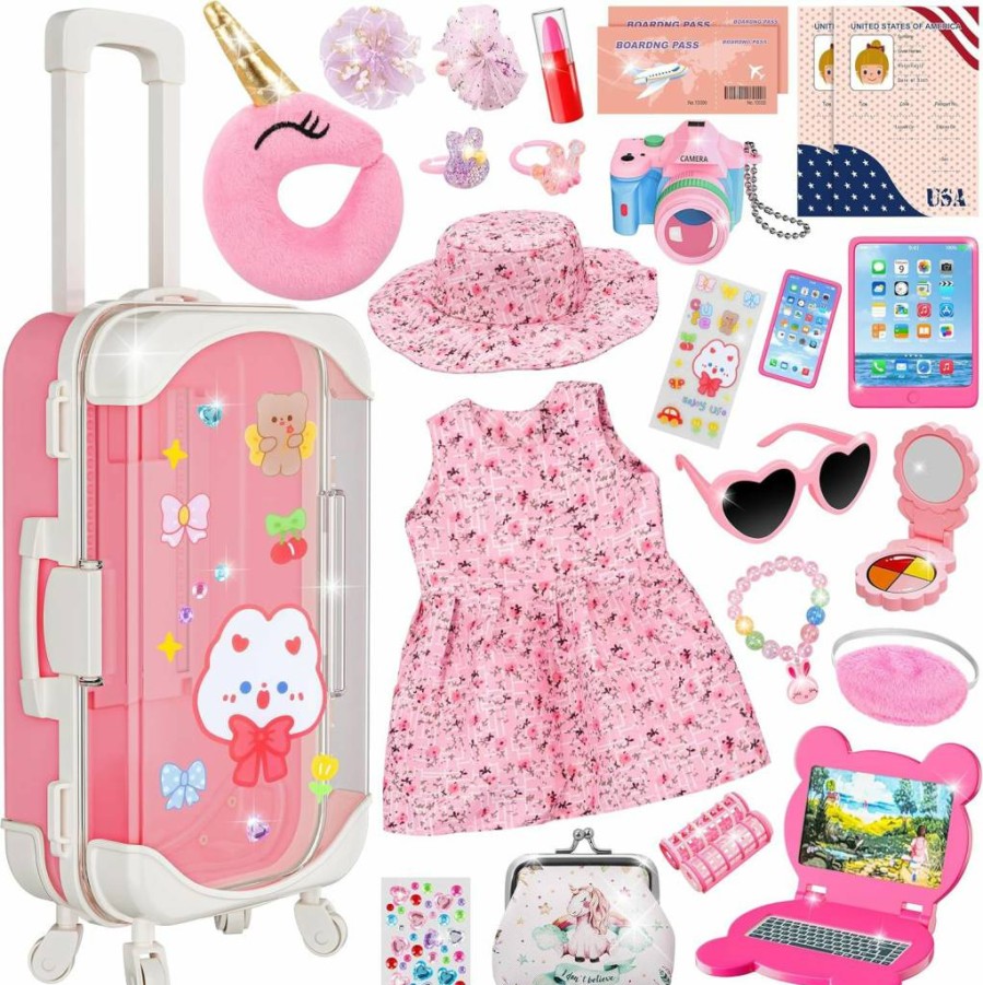 XFBB 18 Inch Doll Travel Suitcase Set - 26 Pcs Unicorn Bag, Clothes, Accessories with Passport, Sunglasses, Tech Toys for Girls Ages 3-6 | Perfect Birthday Gift for Toddlers & Kids
