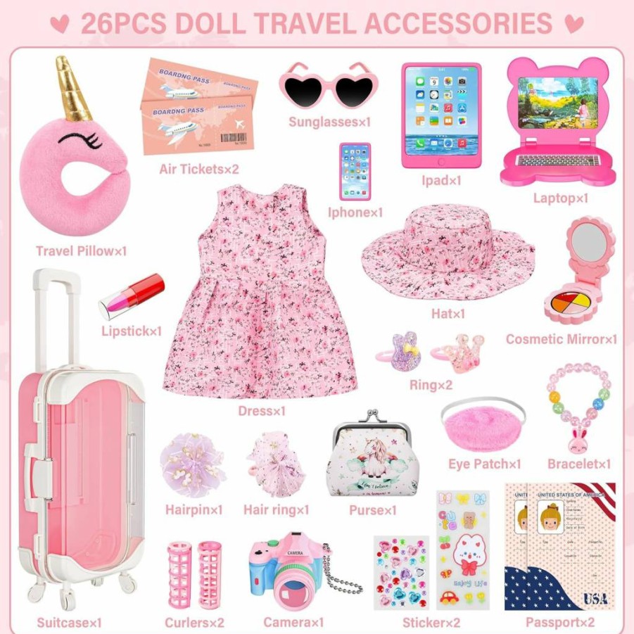 XFBB 18 Inch Doll Travel Suitcase Set - 26 Pcs Unicorn Bag, Clothes, Accessories with Passport, Sunglasses, Tech Toys for Girls Ages 3-6 | Perfect Birthday Gift for Toddlers & Kids