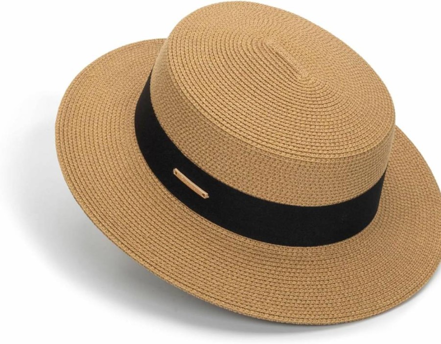 HinyBoeh Women's Straw Sun Hat Wide Brim UV Protection Summer Beach Fedora Panama Hat for Women (M-L) Boater Style