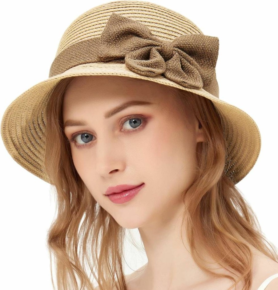 POUDAY Women's Vintage 1920s Cloche Sun Hat - Foldable Straw Hat for Summer Beach Vacations, Travel & Outdoor Activities