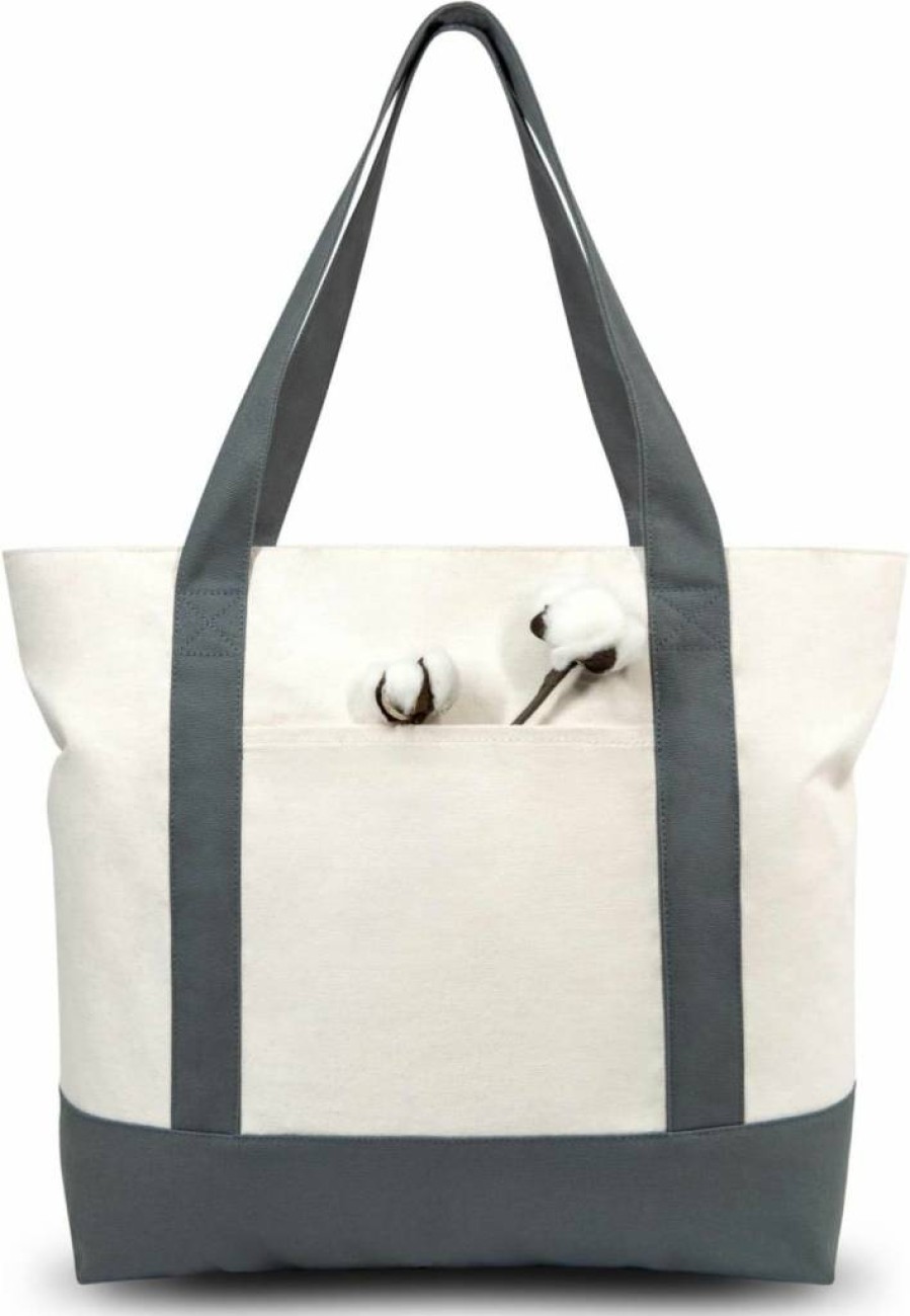 TOPDesign Reusable Canvas Tote Bag with Zipper Closure & External Pocket - Eco-Friendly Grocery Shopping Bag (Black/Natural, Pack of 1, 3, 6, 30)