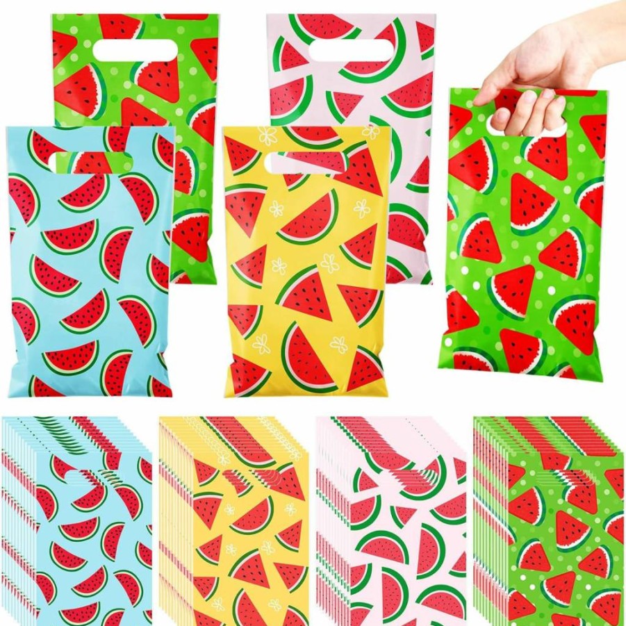 Reallnaive 48-Pack Watermelon Print Gift Bags with Handles - 9.8" x 6.3" Summer Party Favors, Goodie Treat Wraps for Fruit Themes, Bulk Plastic Bags for Events & Celebrations