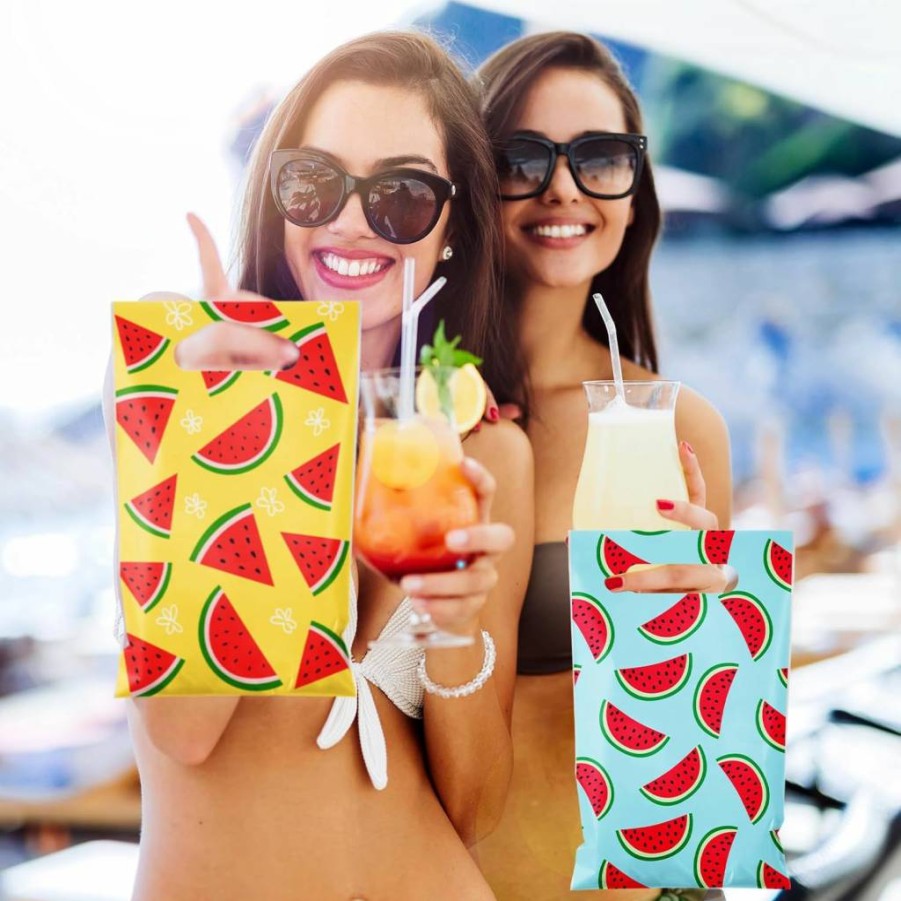 Reallnaive 48-Pack Watermelon Print Gift Bags with Handles - 9.8" x 6.3" Summer Party Favors, Goodie Treat Wraps for Fruit Themes, Bulk Plastic Bags for Events & Celebrations