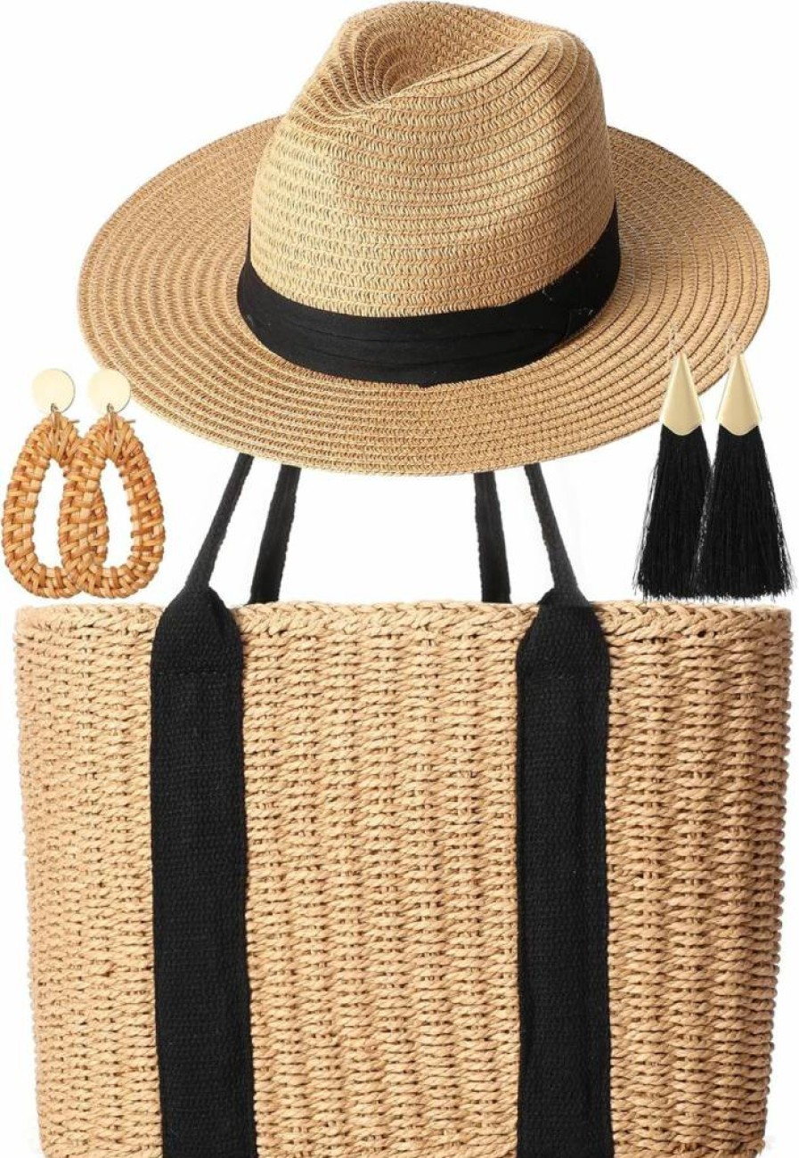Glitopper 4-Piece Boho Summer Set: Straw Woven Tote Bag, Rattan Hat & Tassel Earrings for Women – Vacation Beach Accessories