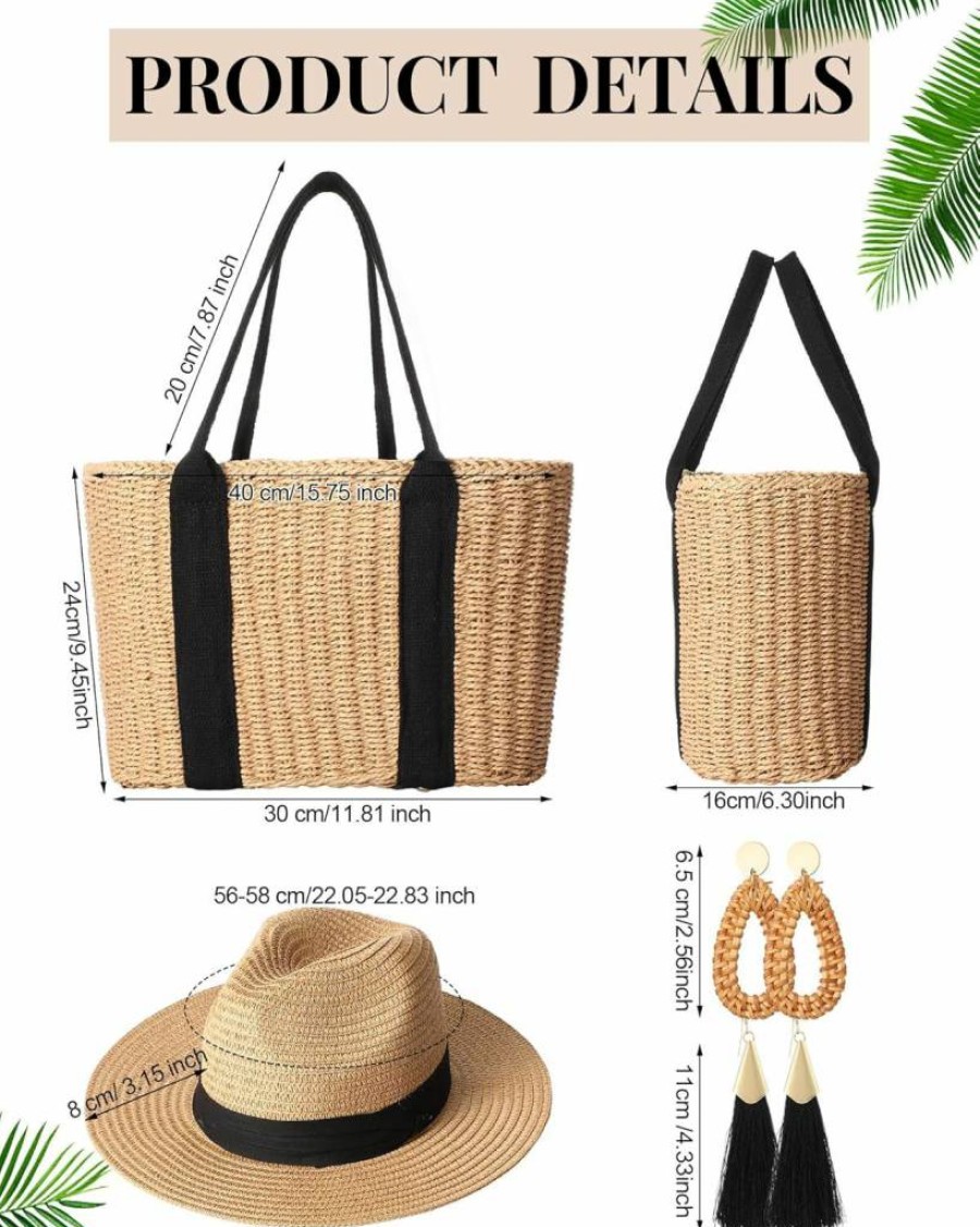 Glitopper 4-Piece Boho Summer Set: Straw Woven Tote Bag, Rattan Hat & Tassel Earrings for Women – Vacation Beach Accessories