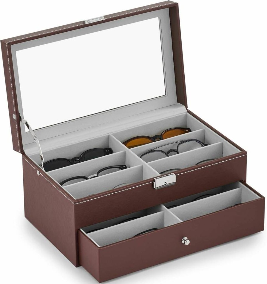 CO-Z 12-Slot Leather Sunglasses Organizer with Drawer, 2-Tier Eyeglasses Display Case for Women & Men, Jewelry and Sunglasses Storage Holder