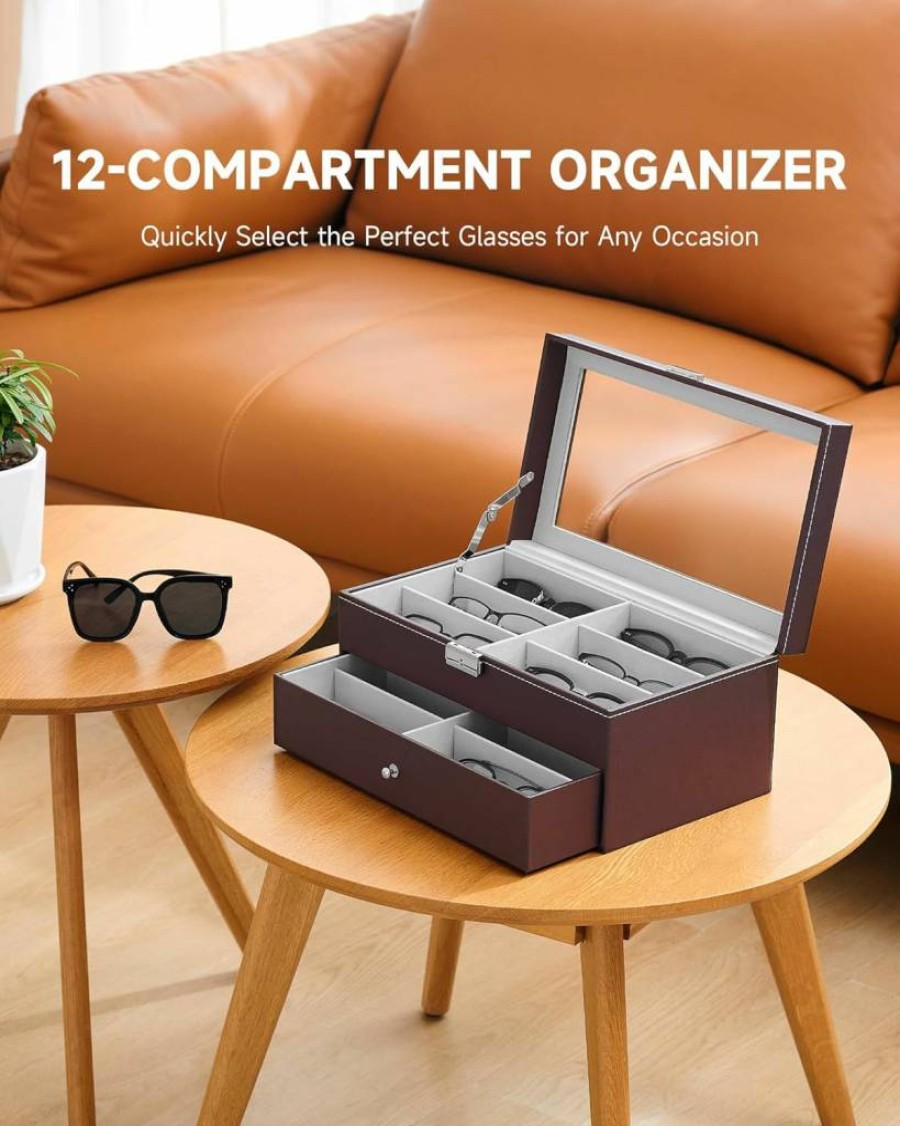 CO-Z 12-Slot Leather Sunglasses Organizer with Drawer, 2-Tier Eyeglasses Display Case for Women & Men, Jewelry and Sunglasses Storage Holder
