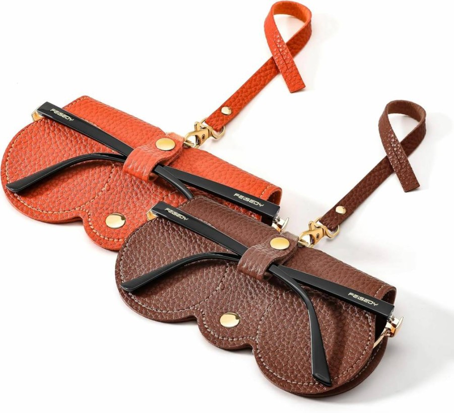 FEISEDY 2-Pack Soft Leather Sunglasses Case with Wrist Strap, Portable Eyeglass Holder Pouch with Secure Button Clip for Men Women