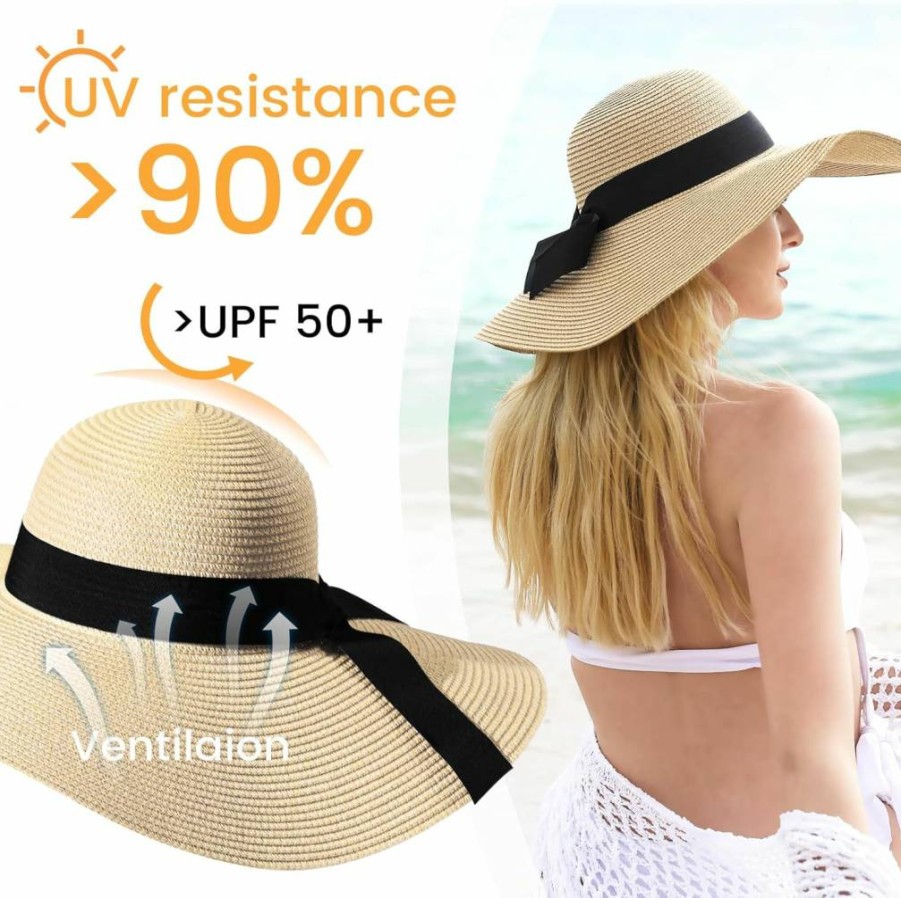 Pleneal Women's UPF 50+ Wide Brim Straw Sun Hat - Foldable, Packable Beach Hat for Summer UV Protection