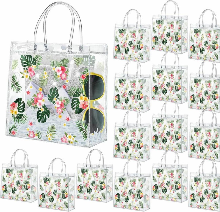 Engrowtic 24 Pack Hawaiian Clear Plastic Gift Bags with Handles - 8x8x3.15" Tropical Luau Party Favor Totes for Summer Aloha Birthday Presents