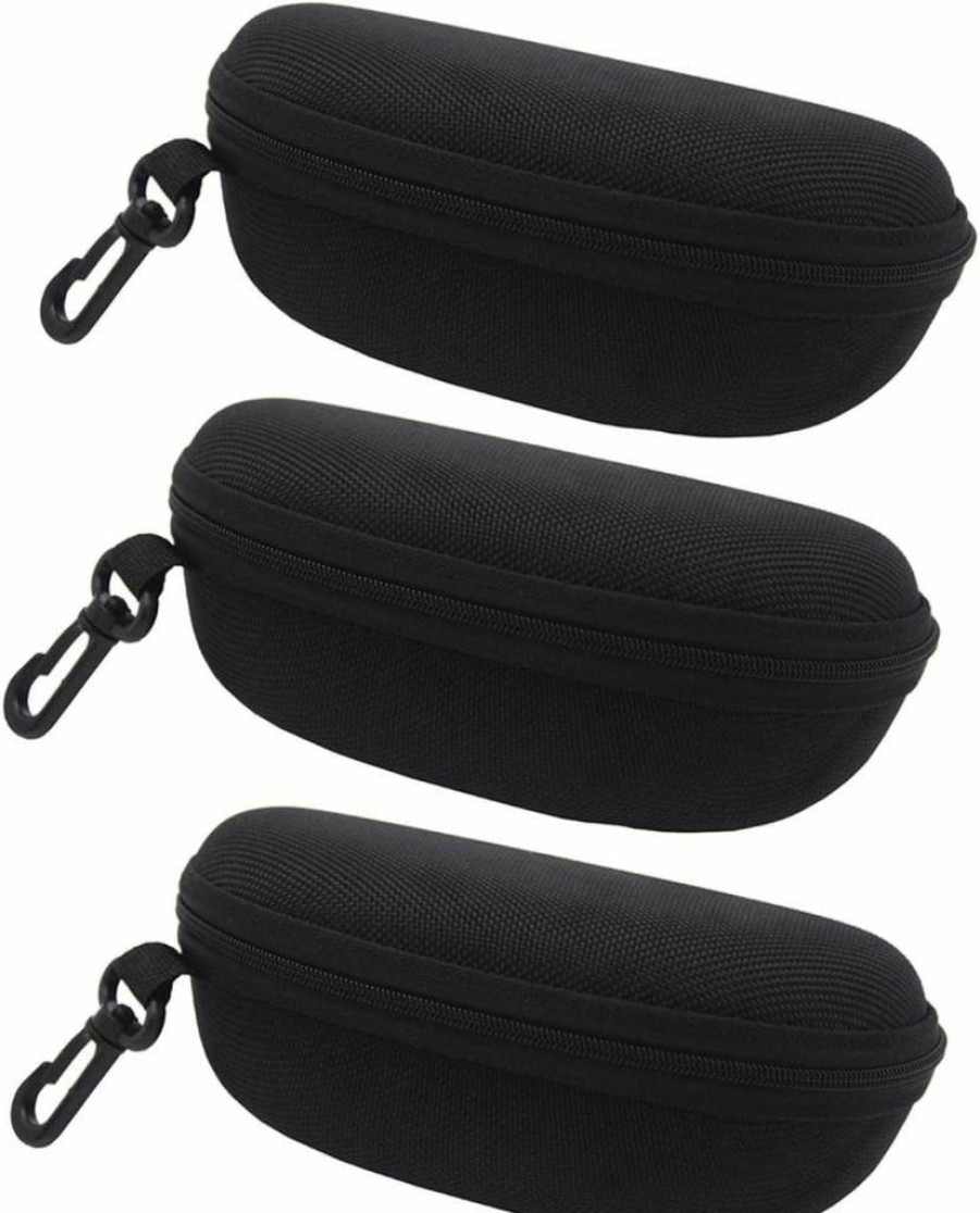 TraderPlus 3 Pack Black Hardshell Zippered Sunglasses Case with Hook for Men & Women - Durable Eyeglasses Storage Box