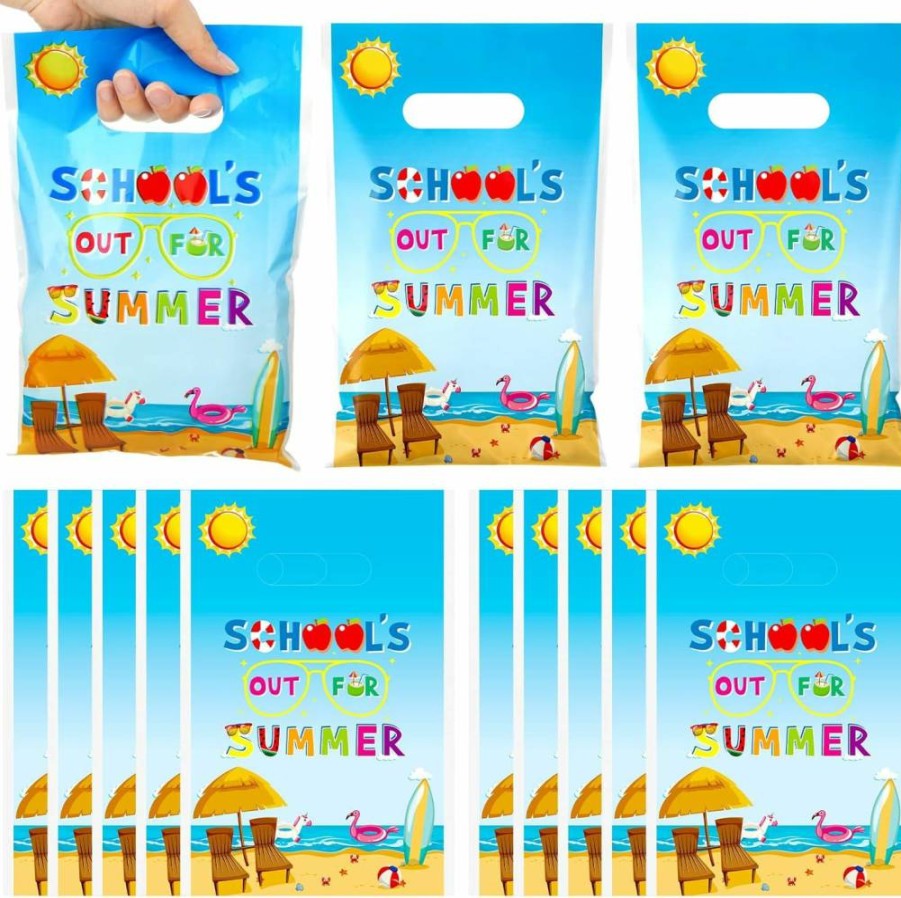 Spakon 100-Pack Blue Summer Party Favor Bags with Handles - 9.84"x6.5" School Celebration Goodie Bags for Last Day of School, Candy Treats & Vacation Supplies