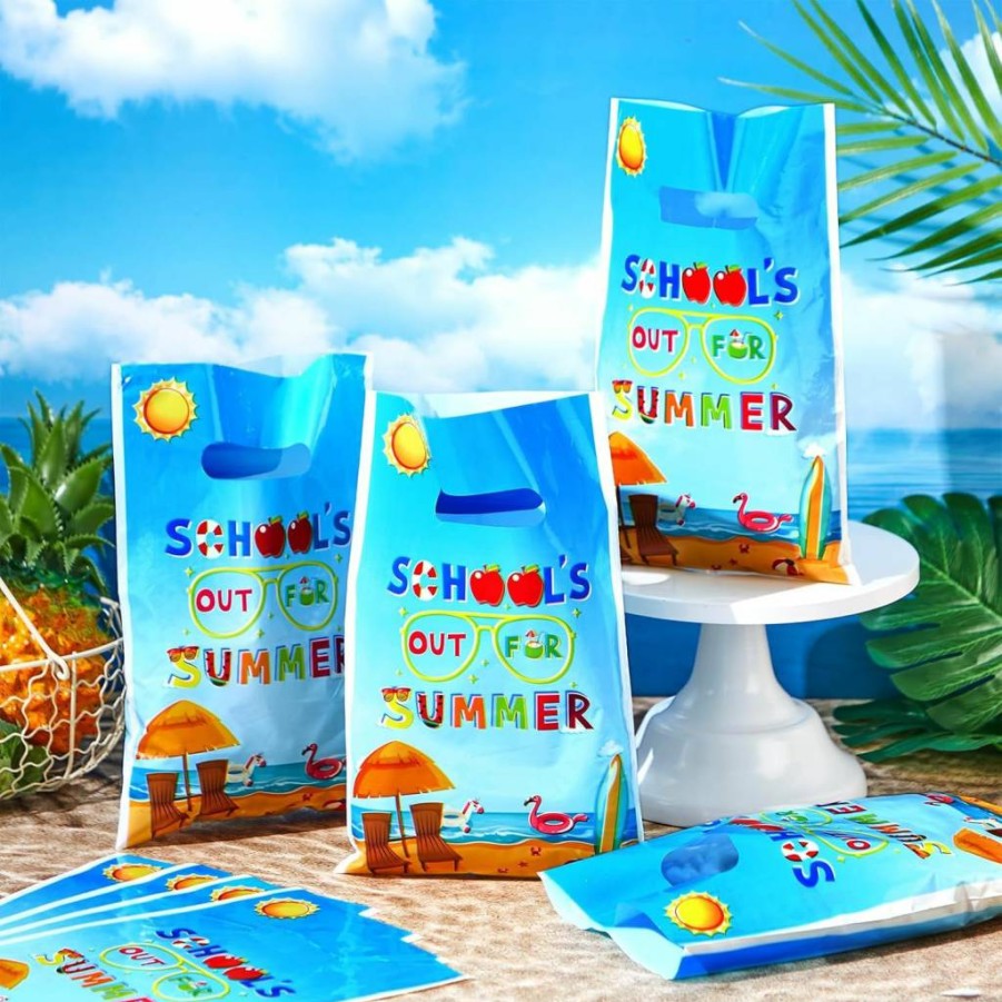 Spakon 100-Pack Blue Summer Party Favor Bags with Handles - 9.84"x6.5" School Celebration Goodie Bags for Last Day of School, Candy Treats & Vacation Supplies