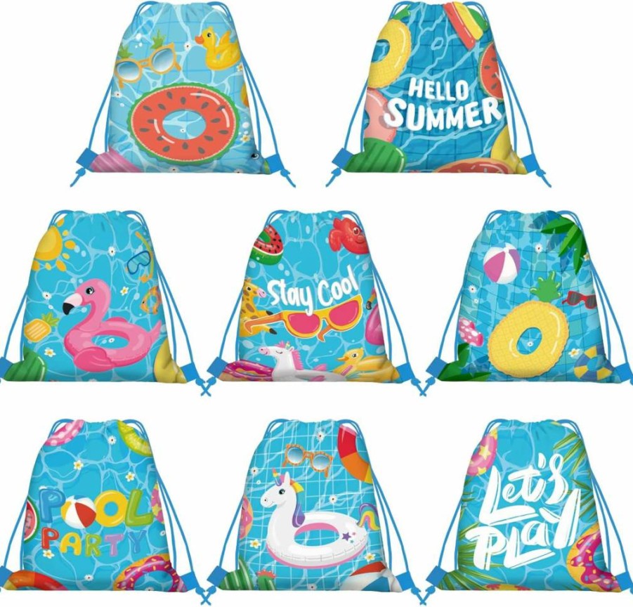 16 Pcs KERINGO Tropical Shark Drawstring Backpacks - Pool Party Favors, Beach Gift Bags, Summer Party Supplies for Kids & Adults