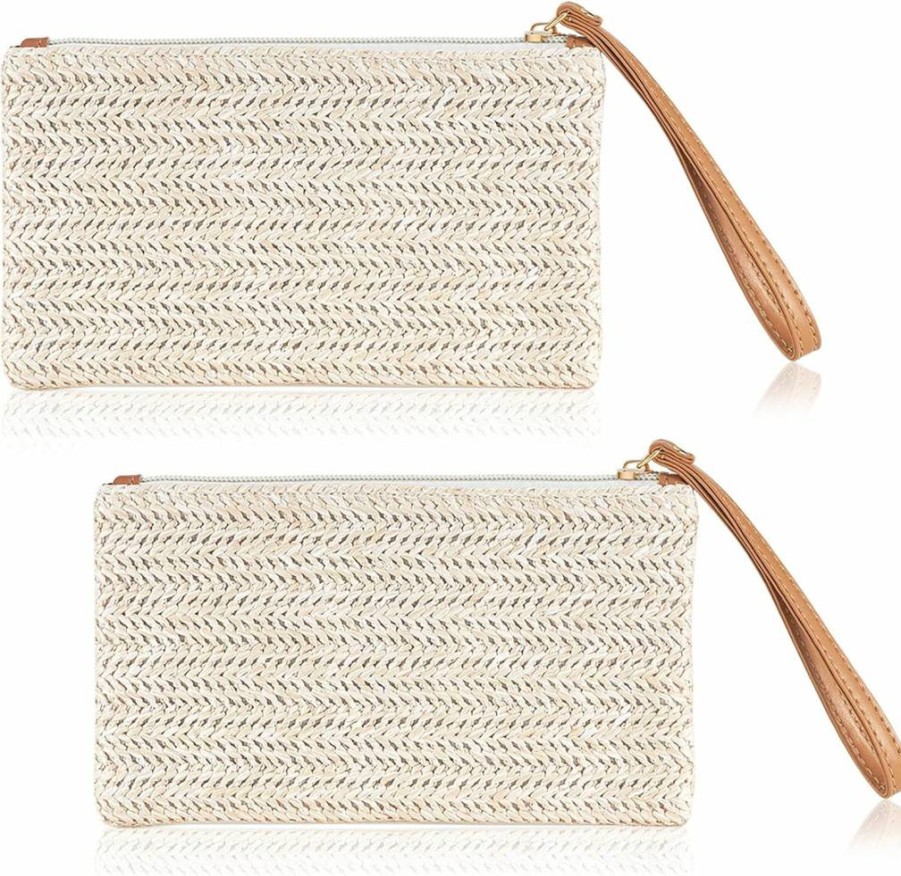 Frienda Women's Summer Straw Clutch Purse - Bohemian Beach Handbag with Wristlet in Beige & White, Beige & Yellow for Vacation and Outdoor Use