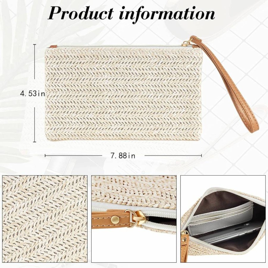 Frienda Women's Summer Straw Clutch Purse - Bohemian Beach Handbag with Wristlet in Beige & White, Beige & Yellow for Vacation and Outdoor Use