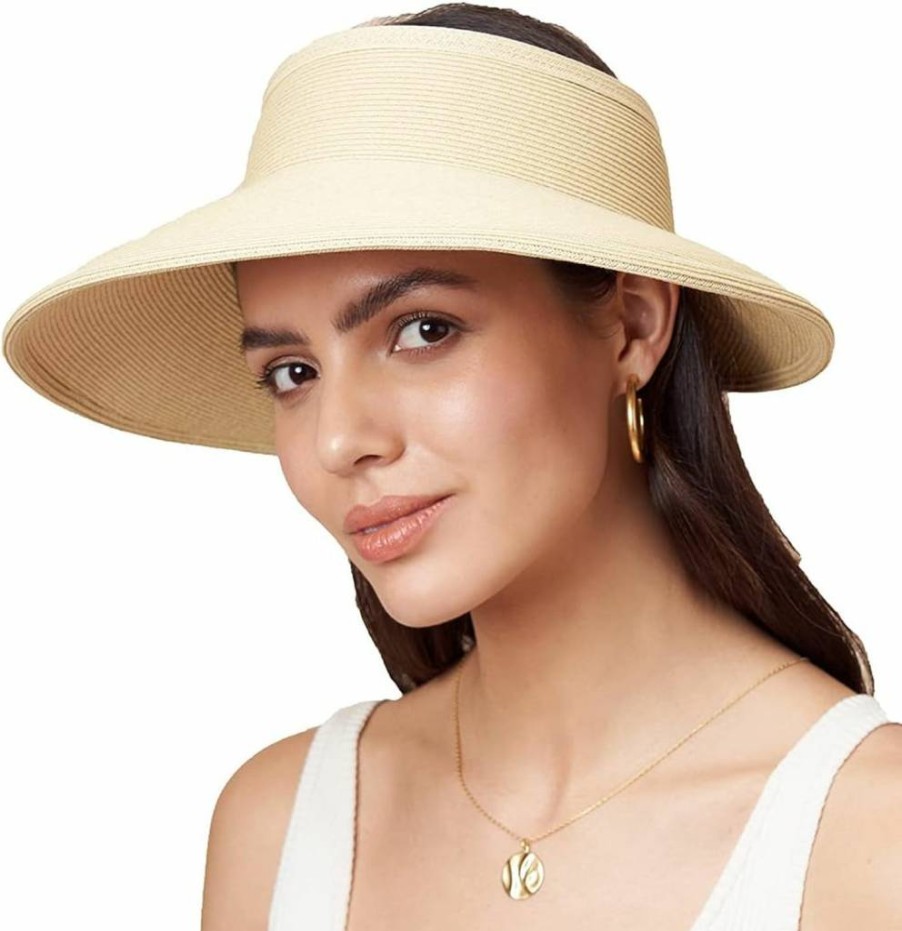 Pineapple & Star Women's Summer Beach Hat - UPF 50+ Packable Straw Visor for Sun Protection