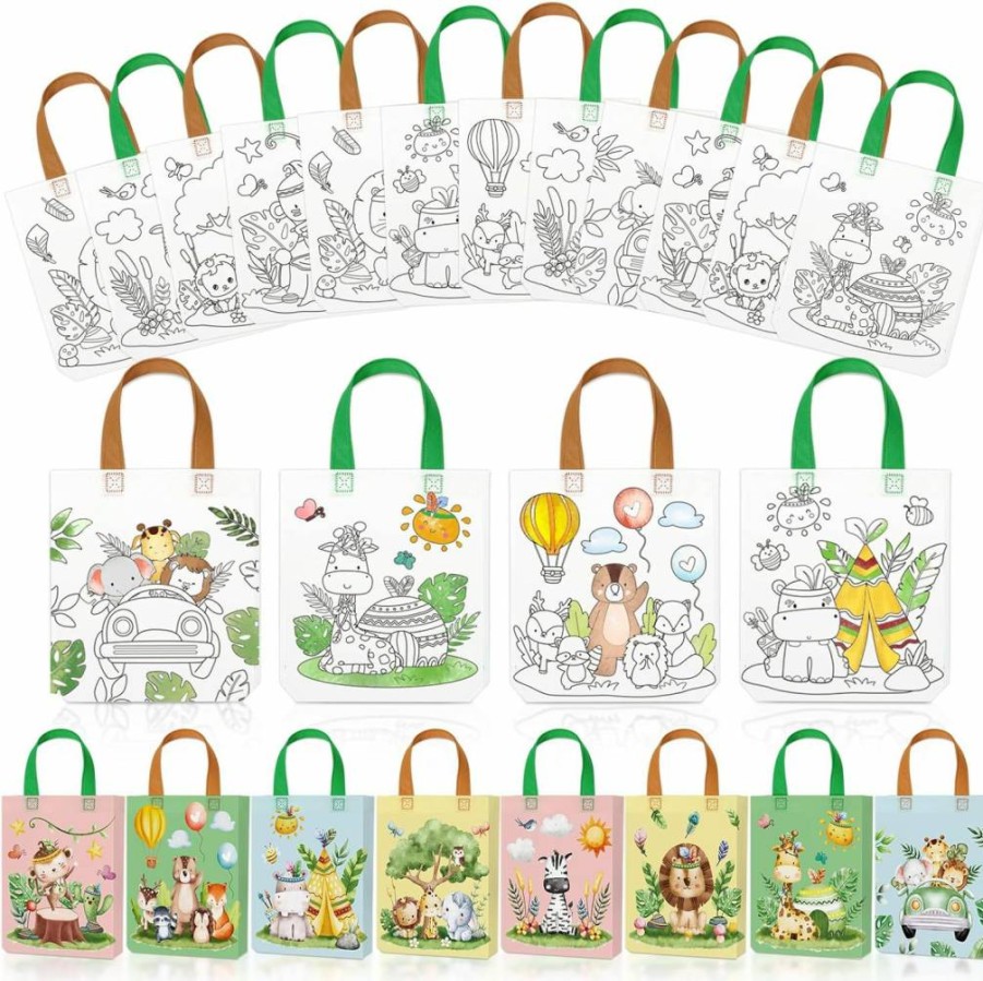 Kajaia 24-Piece DIY Non-Woven Tote Bags Bulk Set for Crafts, Painting, and Party Favors - Reusable Customizable Goodie Bags with Handles (Summer Pool Theme)