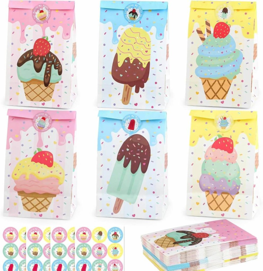 HEJIN 30 Pcs Ice Cream Party Favor Bags with 36 Stickers, Summer Birthday Party Supplies for Kids, Baby Showers, Halloween, Wedding Decorations