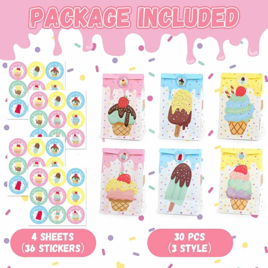 HEJIN 30 Pcs Ice Cream Party Favor Bags with 36 Stickers, Summer Birthday Party Supplies for Kids, Baby Showers, Halloween, Wedding Decorations