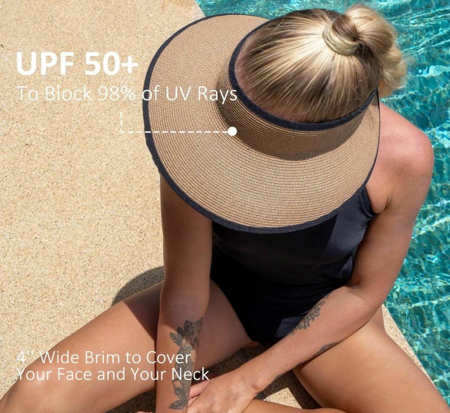 Joywant Women's Packable Wide Brim Straw Sun Visor Hat - Ponytail Beach Hat for Summer Vacation Essentials