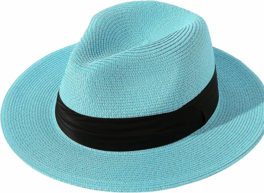 Lanzom Women's UPF50+ Roll-Up Wide Brim Straw Hat for Beach Sun Protection Fedora Panama Style