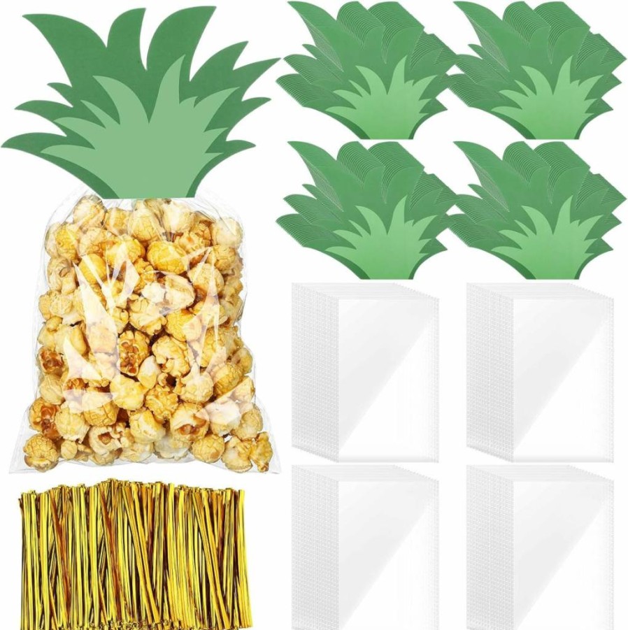 Yexiya 100-Pack Pineapple Treat Bags for Parties - Hawaiian Luau Themed Cellophane Candy Bags with Twist Ties & Gift Tags - Summer Holiday Favors for Kids Adults