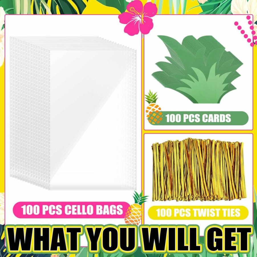 Yexiya 100-Pack Pineapple Treat Bags for Parties - Hawaiian Luau Themed Cellophane Candy Bags with Twist Ties & Gift Tags - Summer Holiday Favors for Kids Adults
