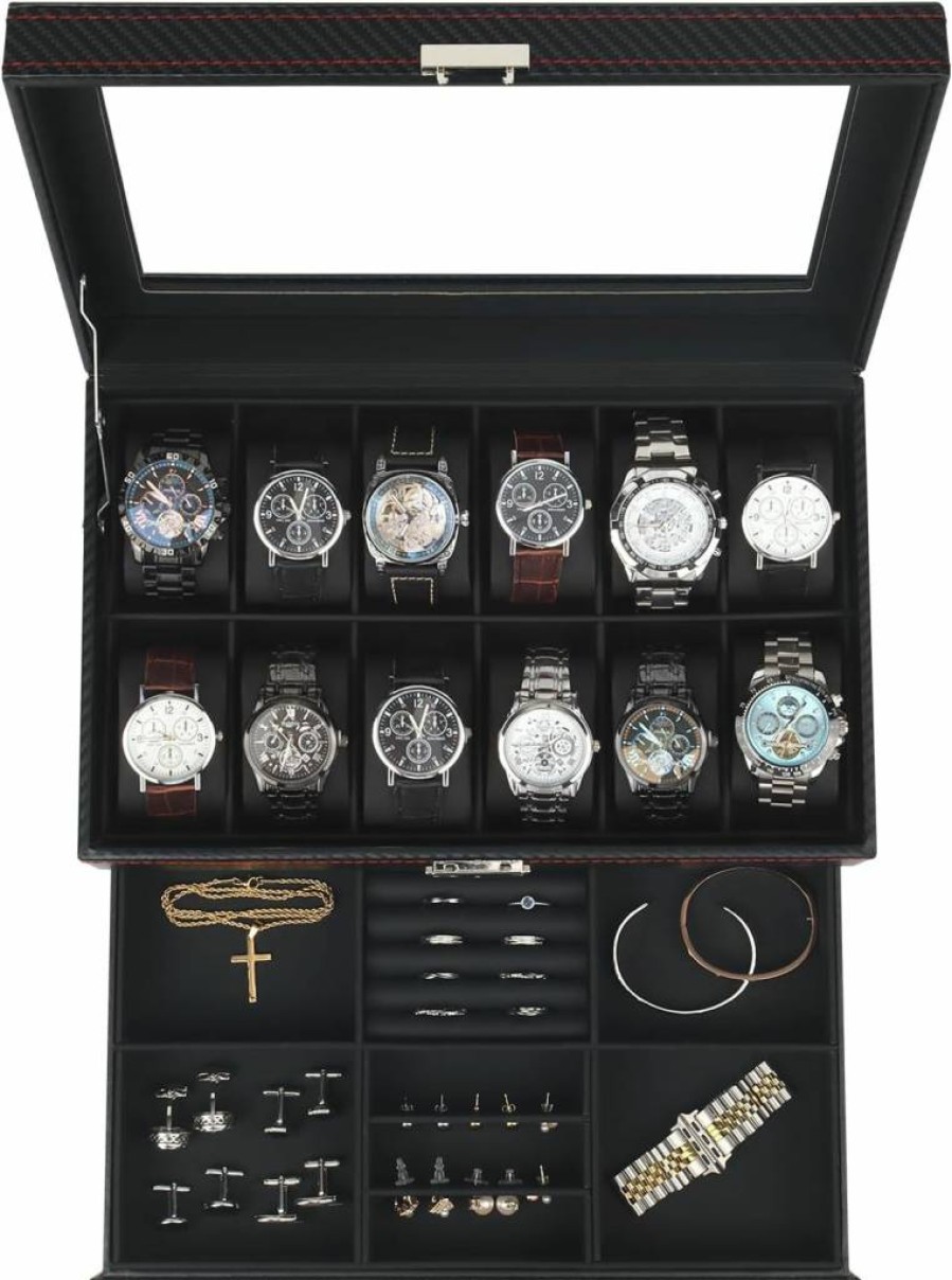Kukikan 6-Slot Luxury Watch Box with Glass Lid, 2-Layer Jewelry Organizer & Sunglasses Storage, Secure Lock Display Case - Perfect Gift for Men & Women