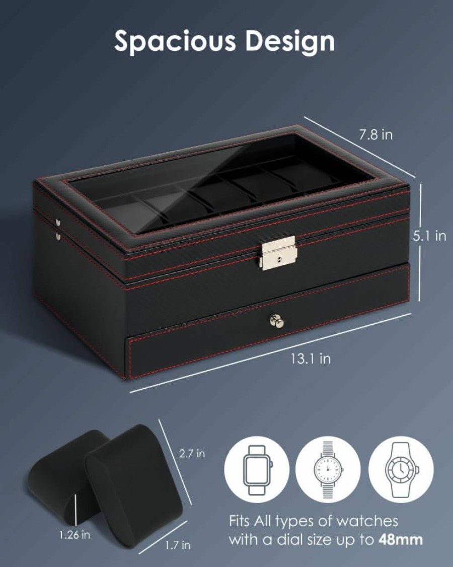 Kukikan 6-Slot Luxury Watch Box with Glass Lid, 2-Layer Jewelry Organizer & Sunglasses Storage, Secure Lock Display Case - Perfect Gift for Men & Women