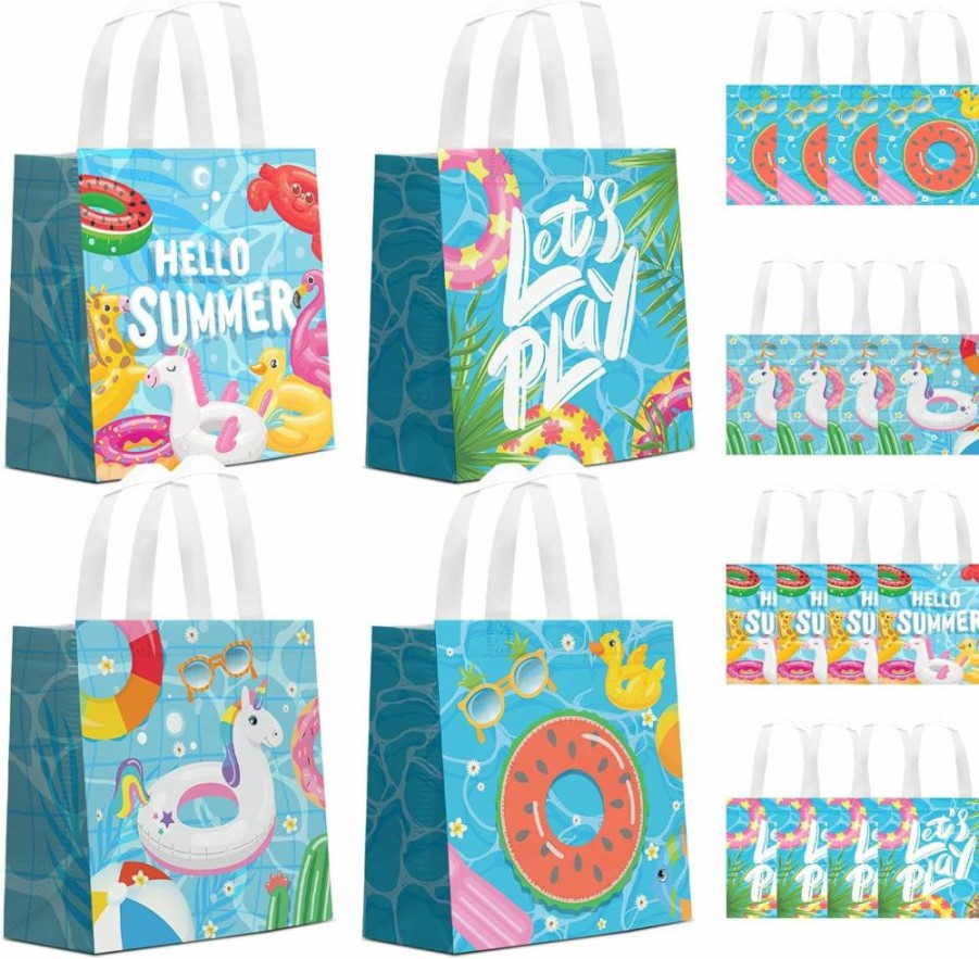 KERINGO 24-Pack Summer Pool Party Favor Bags - Reusable Non-Woven Beach Gift Bags with Handles for Swimming Theme Party Supplies