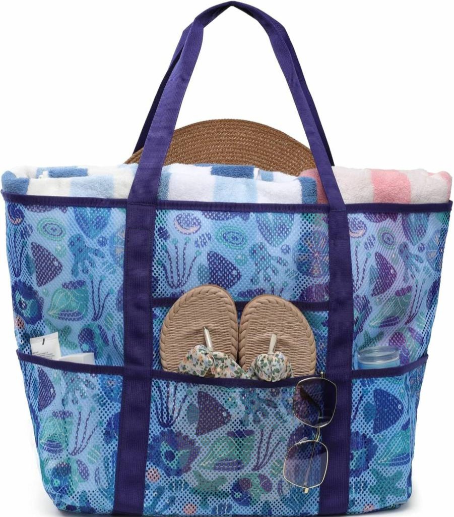 F-Color Large Mesh Beach Tote Bag for Pool, Cruise & Vacation Essentials - Durable Family Beach Bag for Toys & Accessories