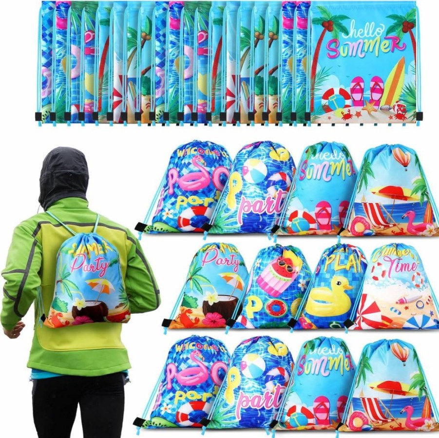 Hosuly 24 Pack Summer Pool Party Favor Bags - Drawstring Beach Gift Bags for Swim Parties, Hawaiian Luau, Birthday Showers & Candy Treats