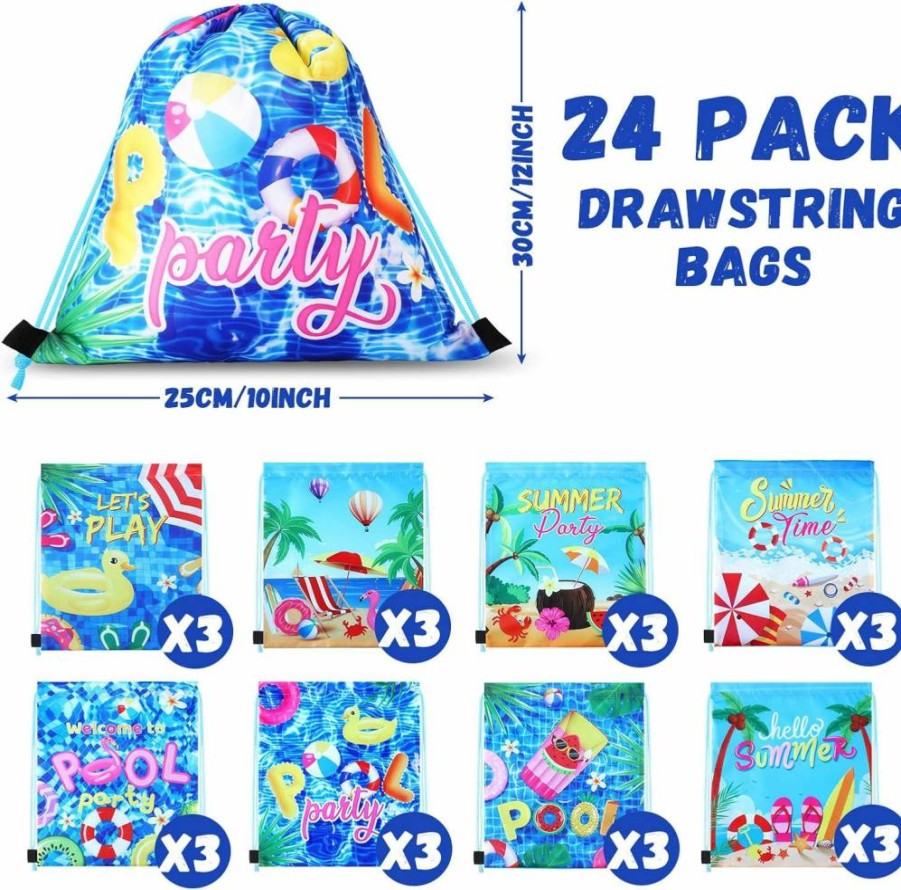 Hosuly 24 Pack Summer Pool Party Favor Bags - Drawstring Beach Gift Bags for Swim Parties, Hawaiian Luau, Birthday Showers & Candy Treats