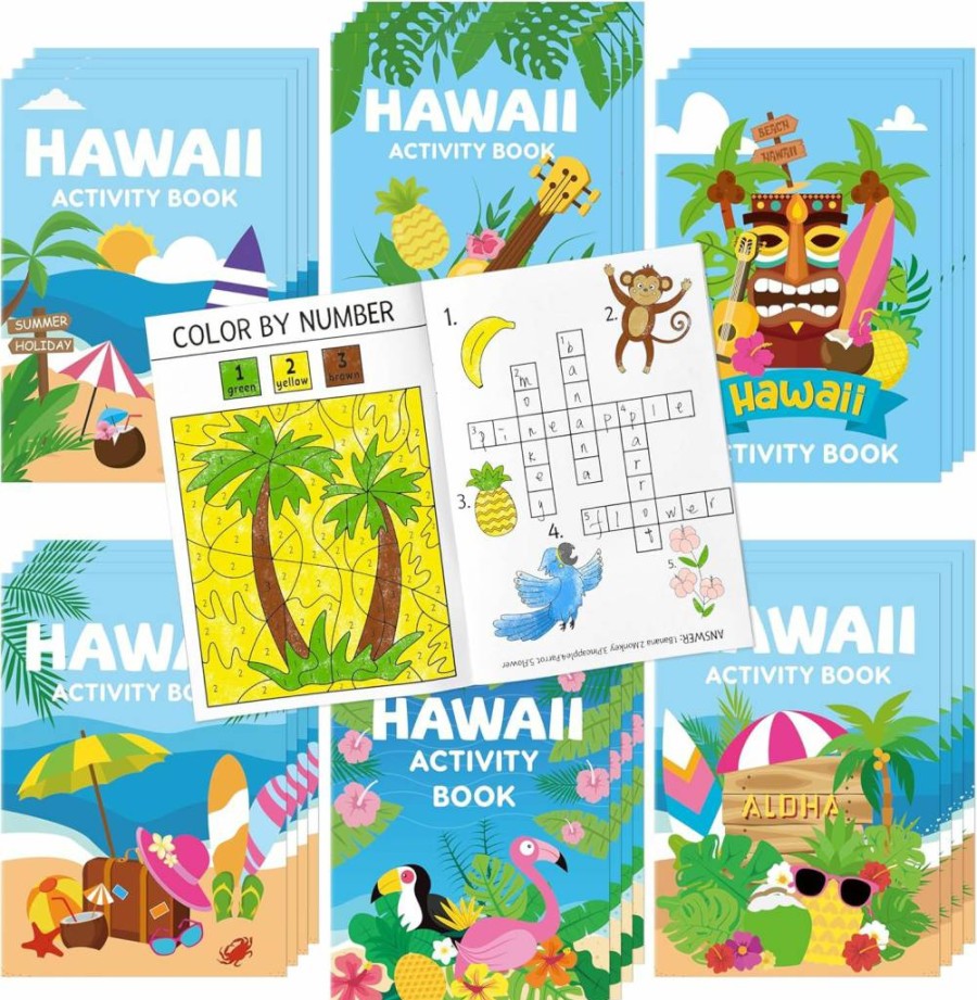 BWKoss 24Pcs Kids Summer Activity Books - Hawaii Themed Mini Coloring, Mazes, Word Search & Scramble Games for Carnival Party Favors & Goodie Bag Fillers