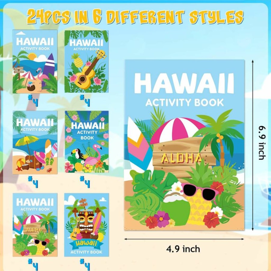 BWKoss 24Pcs Kids Summer Activity Books - Hawaii Themed Mini Coloring, Mazes, Word Search & Scramble Games for Carnival Party Favors & Goodie Bag Fillers