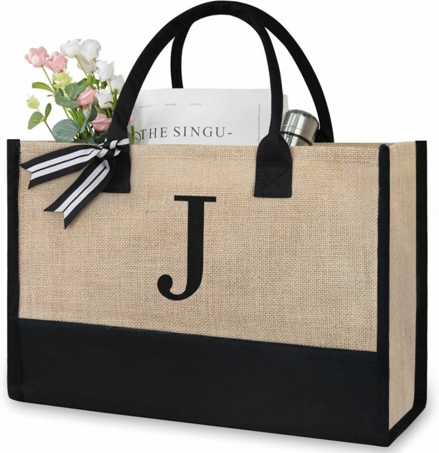 TOPDesign Personalized Embroidered Letter A Canvas Tote Bag - Custom Wedding, Birthday, Beach Gift for Women, Mom, Teacher, Friend & Bridesmaid - Monogrammed Reusable Shopper