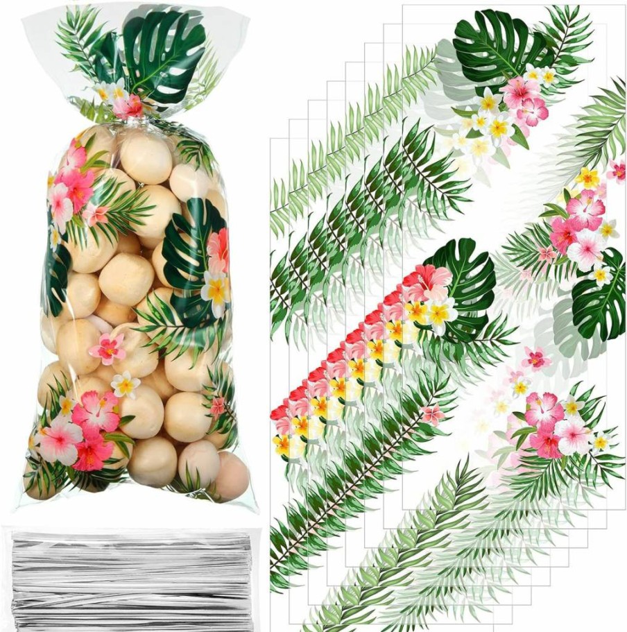 Geyee 100-Pack Hawaiian Luau Party Favor Bags, Tropical Themed Cellophane Goodie Bags with Silver Twist Ties for Birthday, Summer, Aloha Events (10.8x5 Inch, Clear)