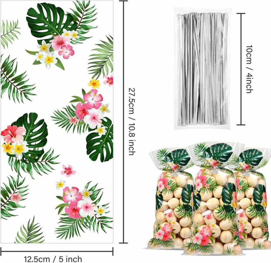 Geyee 100-Pack Hawaiian Luau Party Favor Bags, Tropical Themed Cellophane Goodie Bags with Silver Twist Ties for Birthday, Summer, Aloha Events (10.8x5 Inch, Clear)
