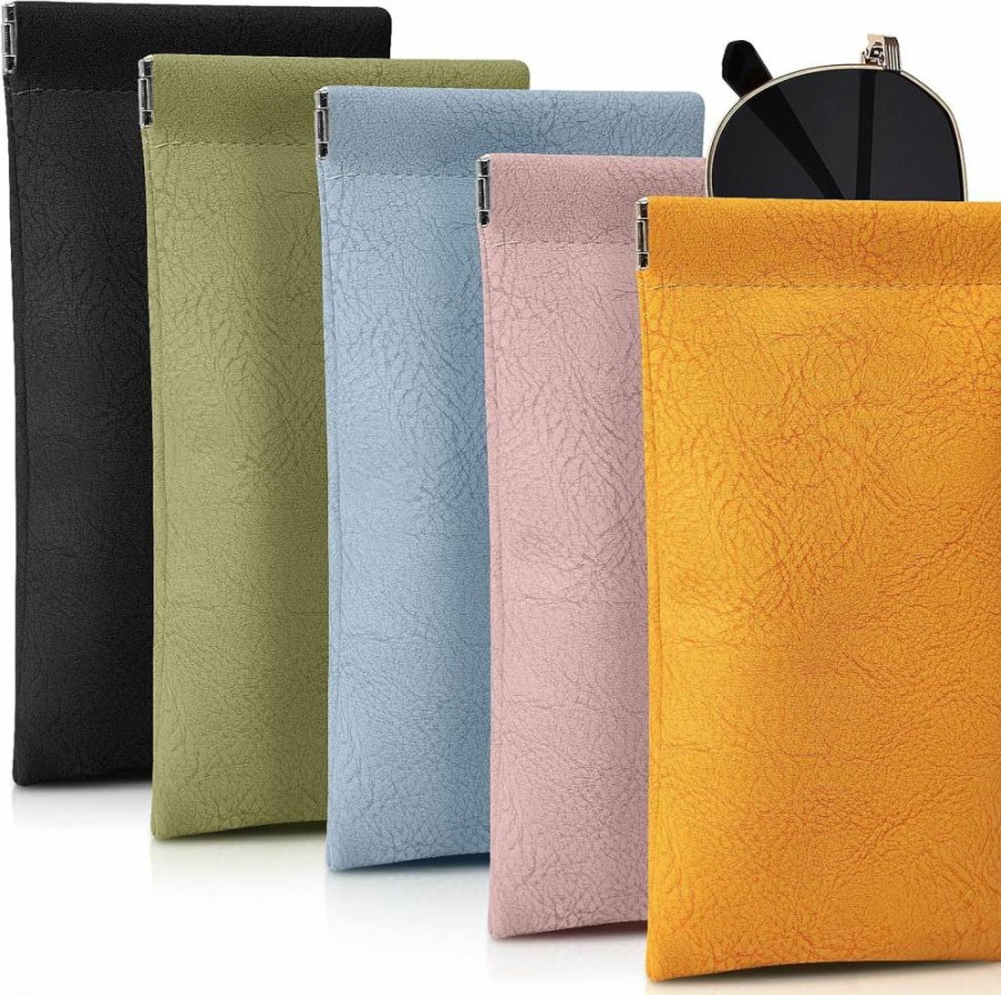 VZZNN 5 Pack Soft Leather Eyeglass Cases - Portable Squeeze Top Anti-Scratch Glasses Holder for Women & Men