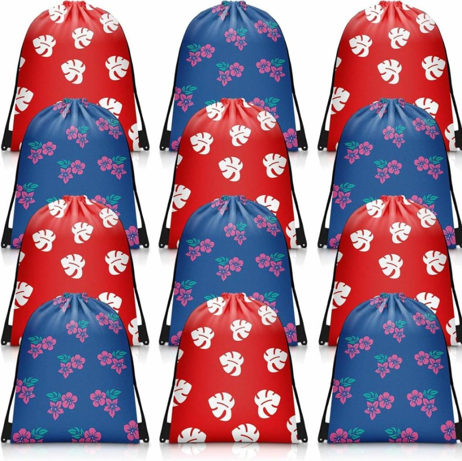 Sunnymove 12-Pack Hawaiian Luau Party Favor Bags - Tropical Hibiscus Print Drawstring Gift Bags for Birthday, Summer Events, and Holiday Decorations