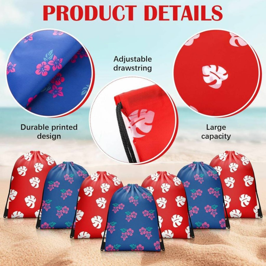 Sunnymove 12-Pack Hawaiian Luau Party Favor Bags - Tropical Hibiscus Print Drawstring Gift Bags for Birthday, Summer Events, and Holiday Decorations