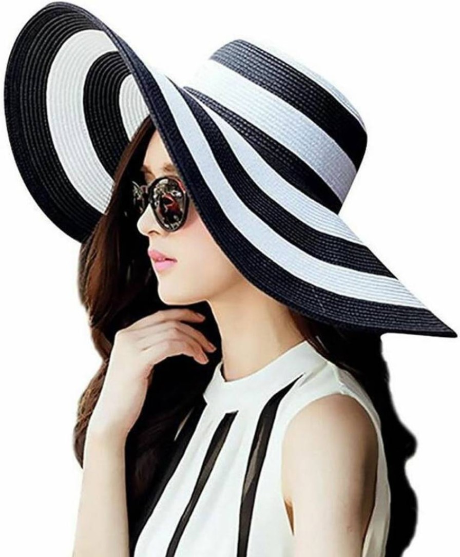QUUPY Women's Wide Brim Floppy Beach Hat - UPF 50+ Foldable Straw Sun Hat for Summer, Black & White Striped
