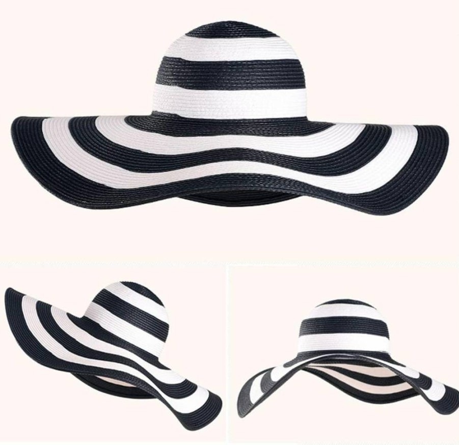 QUUPY Women's Wide Brim Floppy Beach Hat - UPF 50+ Foldable Straw Sun Hat for Summer, Black & White Striped