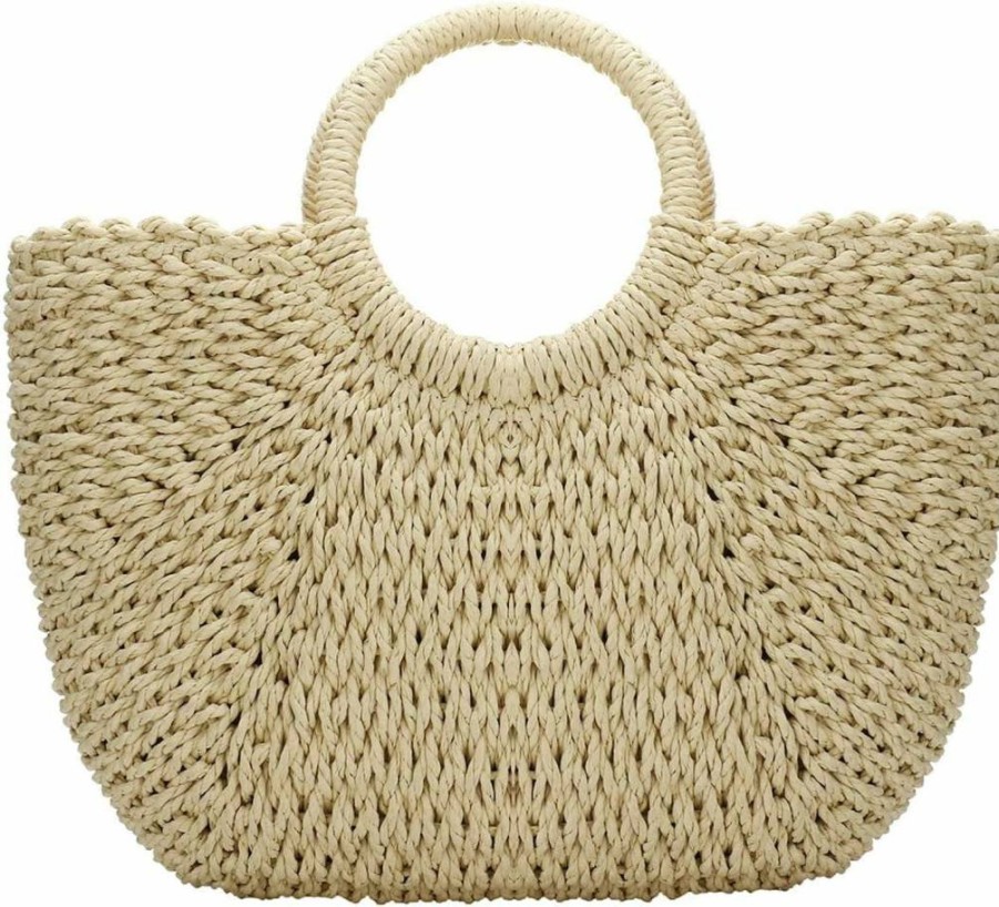 YYW Hand-Woven Straw Tote Bag for Women - Retro Beach Bag with Round Handle Ring, Summer Rattan Purse, Large Woven Basket Bag